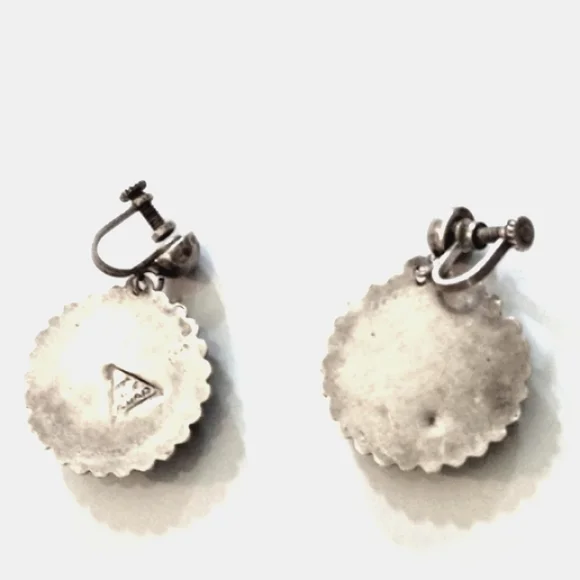 VINTAGE 50s ROUND BLACK ONYX STERLING SILVER .925 SCREWBACK 1" EARRINGS - Picture 4 of 7